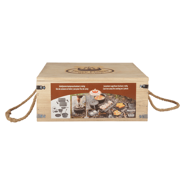 Esschert Design 7-teiliges gusseisernes Lagerfeuer-Kochset mit Holzkiste